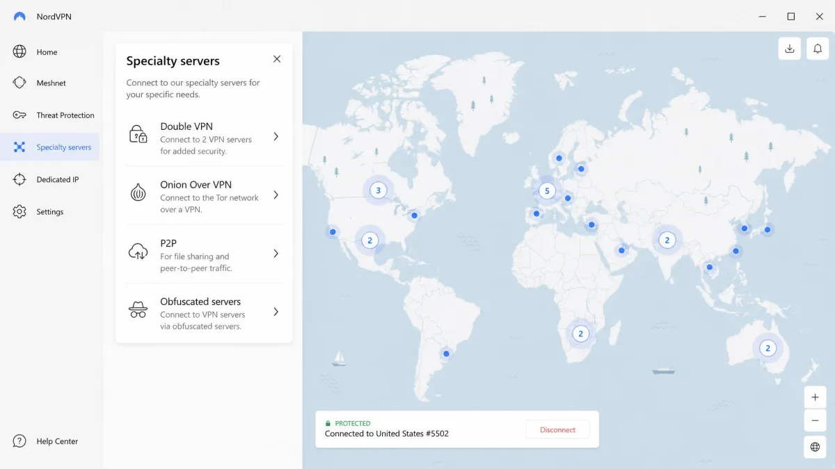 NordVPN's Windows app with the Specialty servers panel open, showing Double VPN, Onion Over VPN, P2P and Obfuscated server groups listed beside the world map.