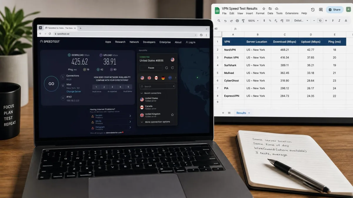 A laptop running a browser speed test while connected to a VPN, with a spreadsheet beside it listing download and upload results for NordVPN, Proton VPN, Surfshark, Mullvad, CyberGhost, PIA and ExpressVPN.