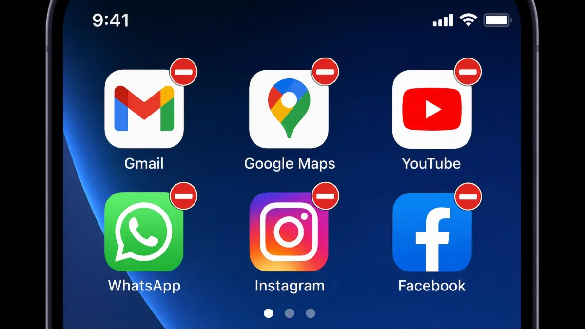 A smartphone home screen showing Gmail, Google Maps, YouTube, WhatsApp, Instagram and Facebook icons, each marked with a small red block symbol to show they don't load in mainland China.