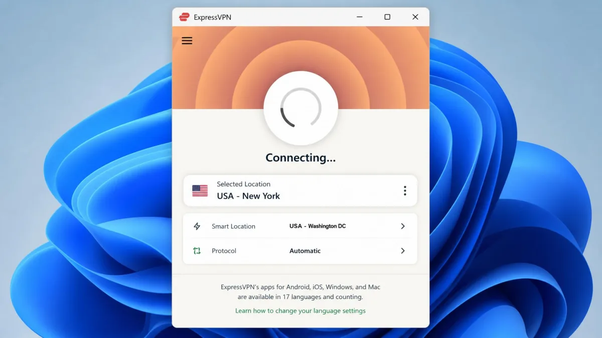 ExpressVPN's desktop app mid-connection, showing the spinning Connecting indicator and the selected location, with the protocol set to Automatic in the lower panel.