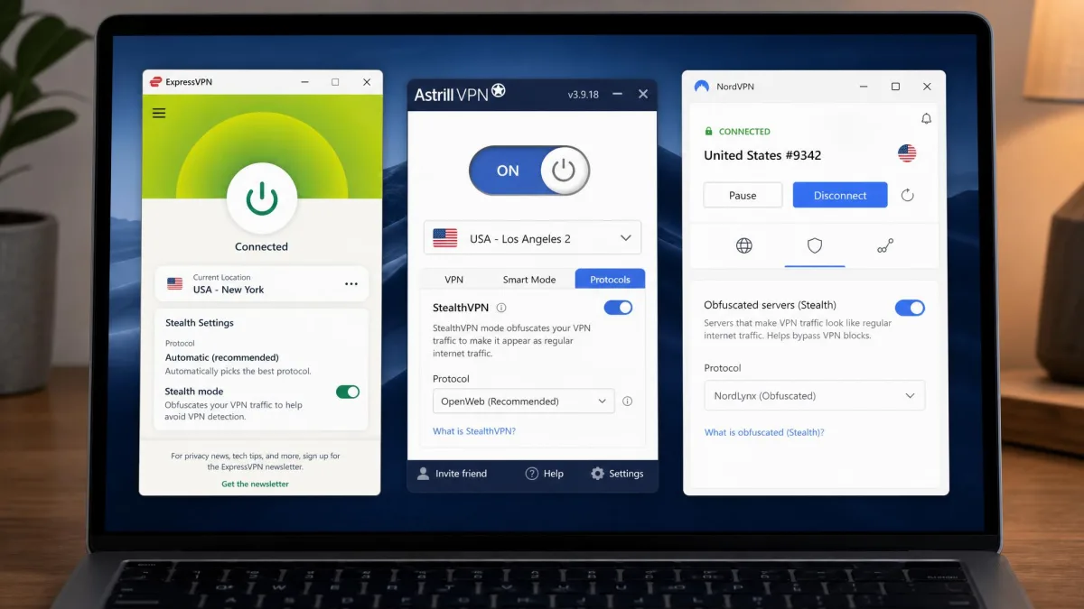 ExpressVPN, Astrill VPN and NordVPN apps open side by side on a laptop screen, each showing its obfuscation or stealth protocol setting.