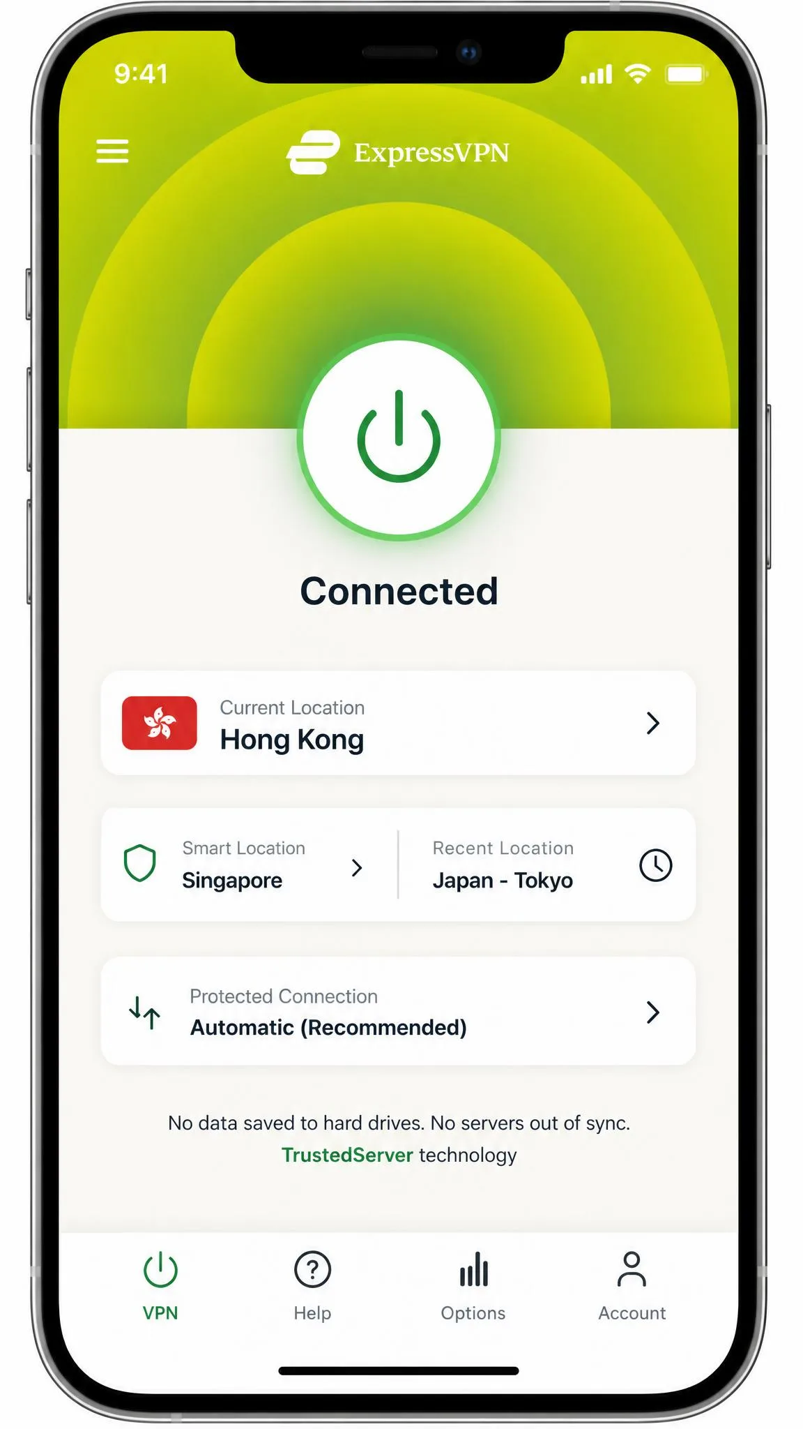 ExpressVPN's iPhone app showing a Connected status to a Hong Kong location, with the large power button highlighted in green and the protocol shown as Automatic.