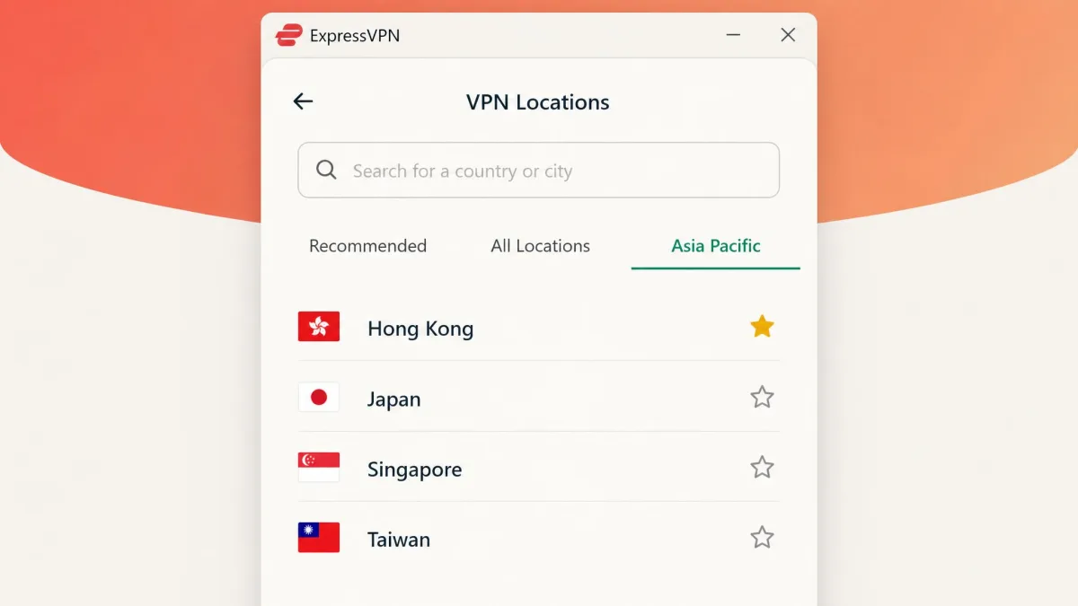 ExpressVPN's location picker scrolled to the Asia Pacific region, listing Hong Kong, Japan, Singapore and Taiwan server locations with a star marking a saved favorite.