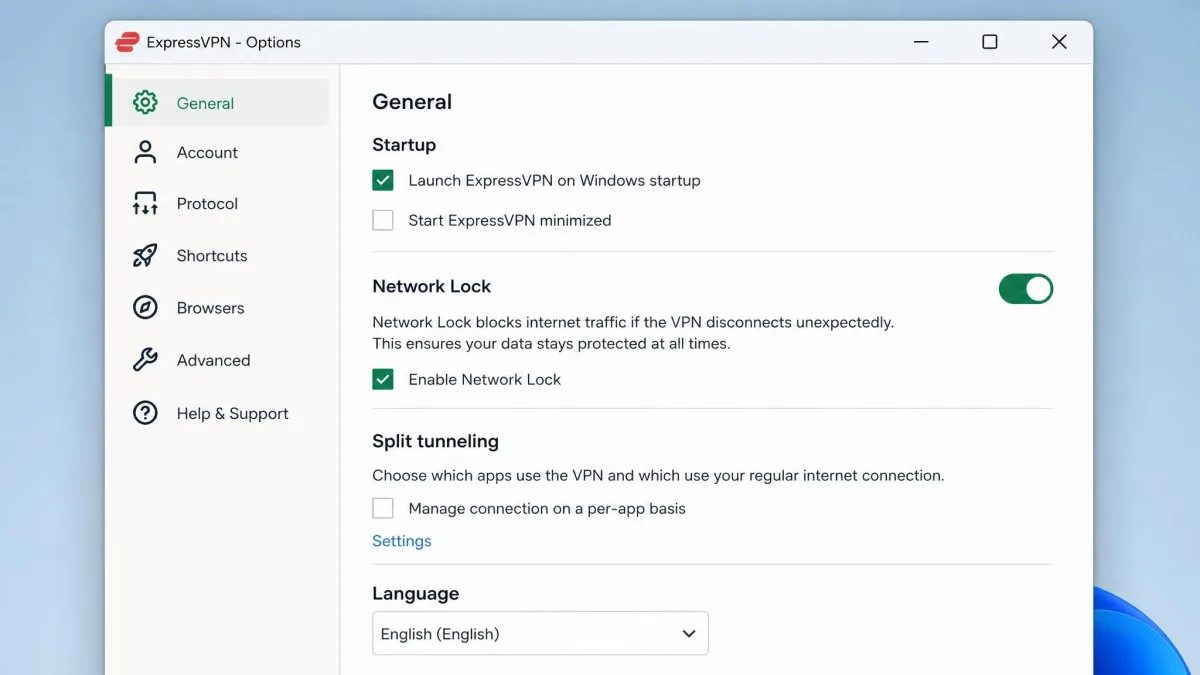 ExpressVPN's Options window on Windows with the General tab open and the Network Lock toggle switched on, blocking internet traffic if the VPN disconnects.