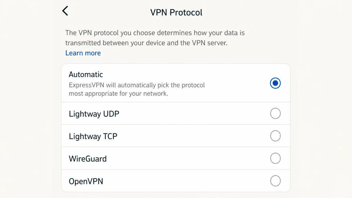 ExpressVPN's protocol settings screen listing Automatic, Lightway UDP, Lightway TCP, WireGuard and OpenVPN, with Automatic selected at the top of the list.