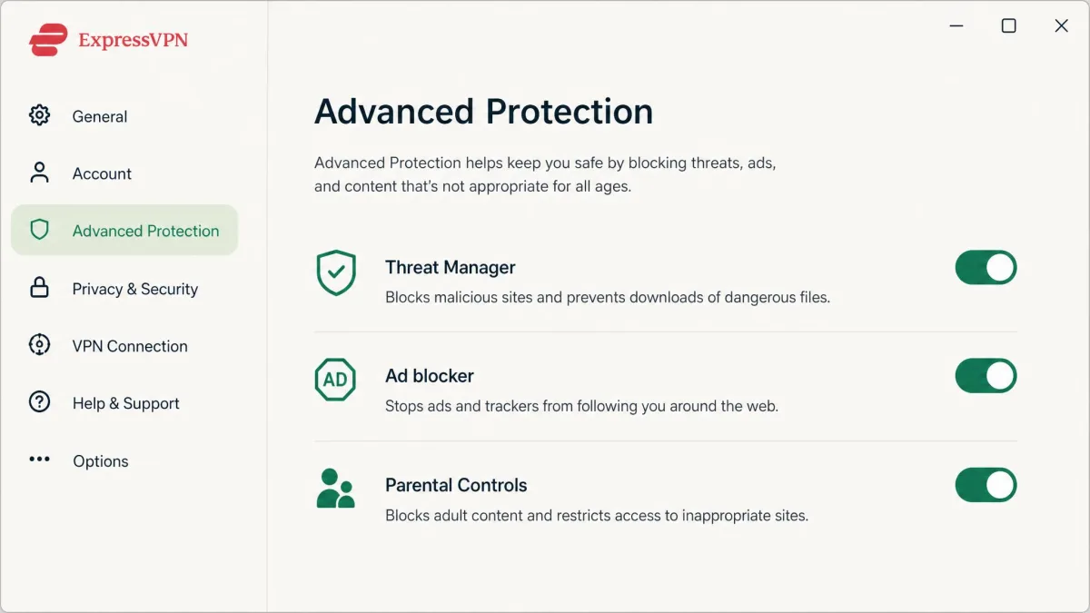The ExpressVPN Advanced Protection settings screen with toggle switches for Threat Manager, ad blocking, and parental controls, each with a one-line description underneath.