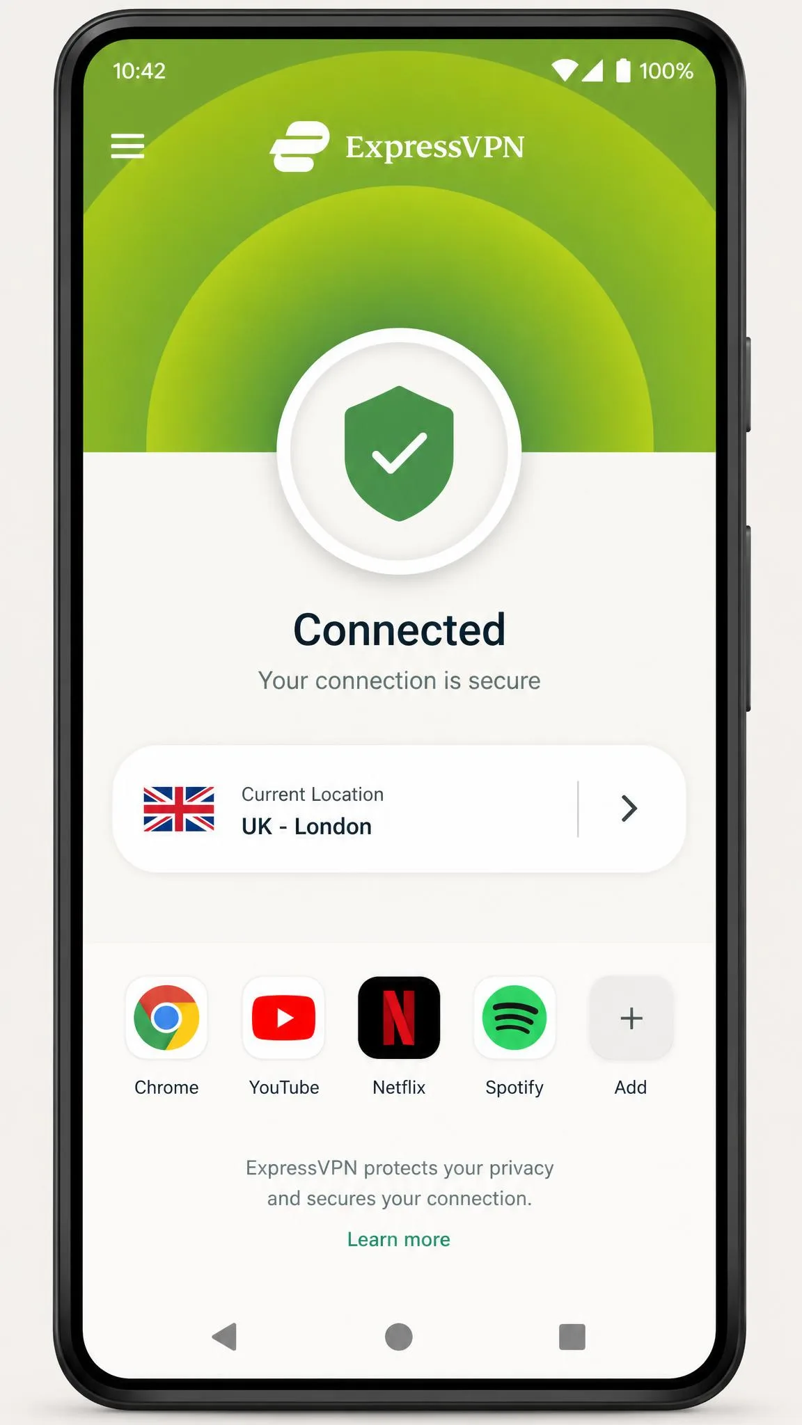 The ExpressVPN Android app on a phone showing the connected state with a green shield, the selected country beneath it, and the shortcut row of favourite apps along the bottom.