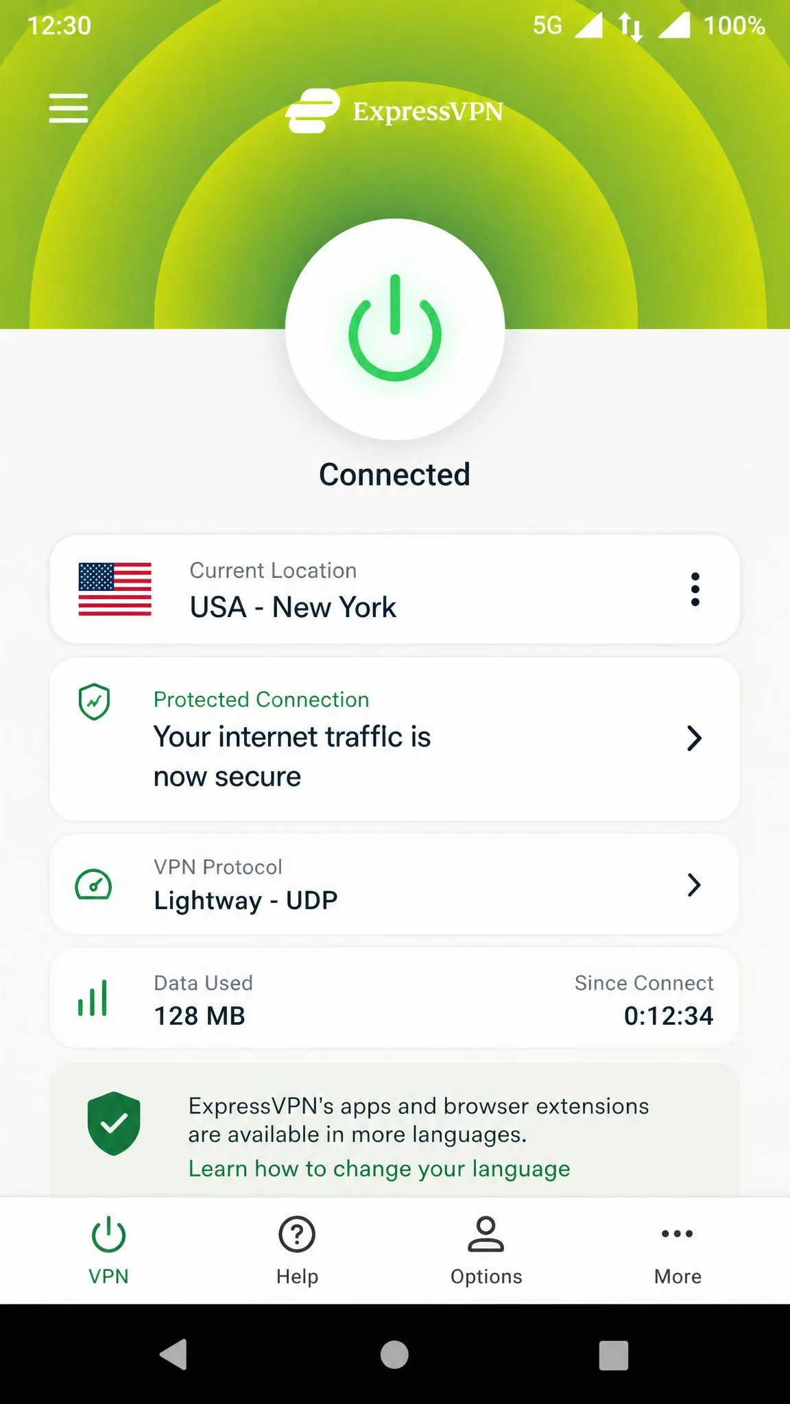 ExpressVPN Android app connected over mobile data with the Lightway protocol active and the large connect button lit green.