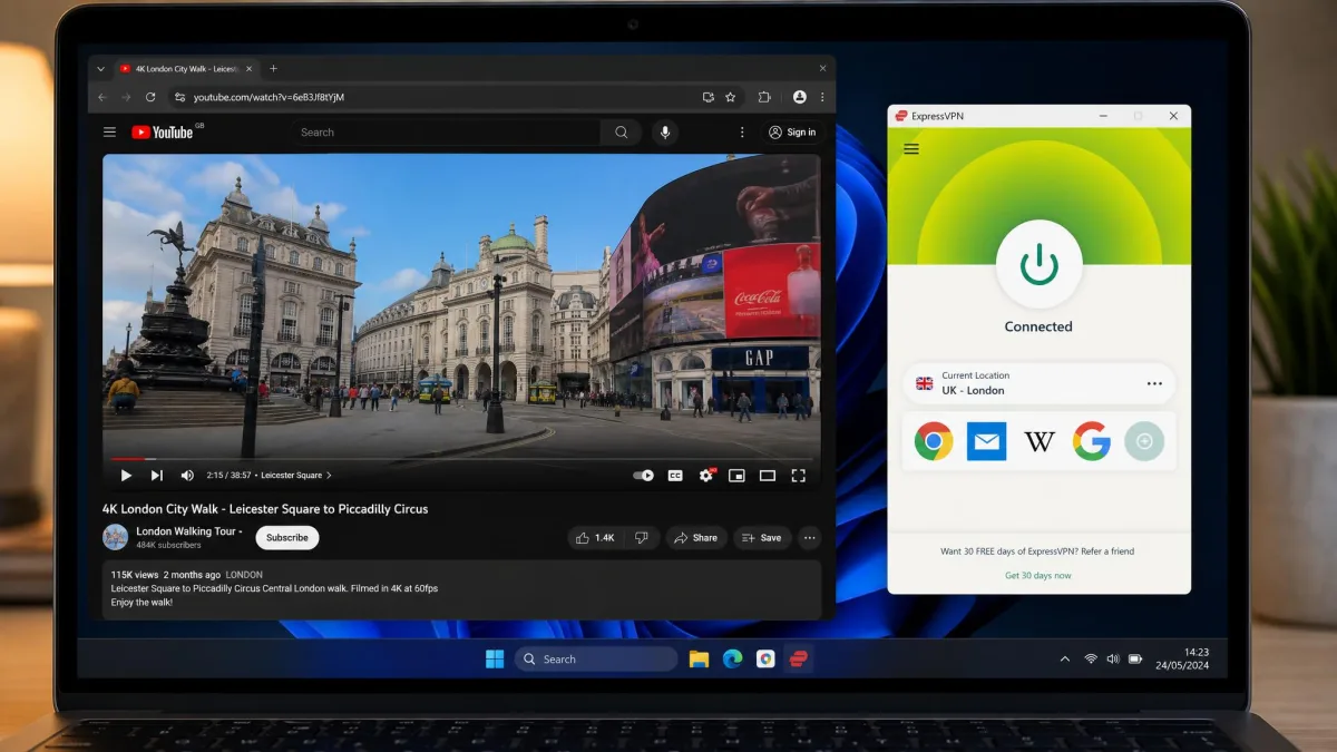 A laptop screen playing a video in 1080p with the ExpressVPN app connected to a London server visible in a smaller window beside it.