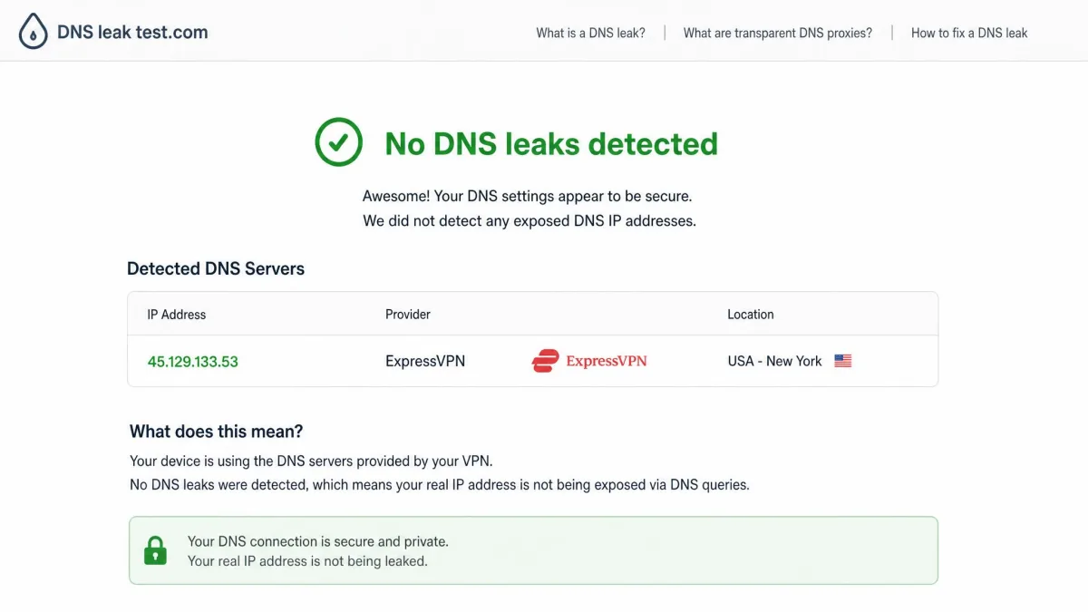 A DNS leak test results page showing only the ExpressVPN server address and no exposed home IP, confirming a clean, leak-free connection.