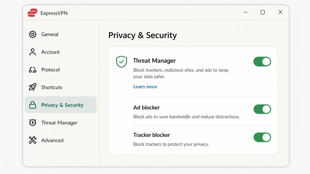 ExpressVPN app options panel with the threat manager, ad blocker, and tracker blocking toggles switched on.