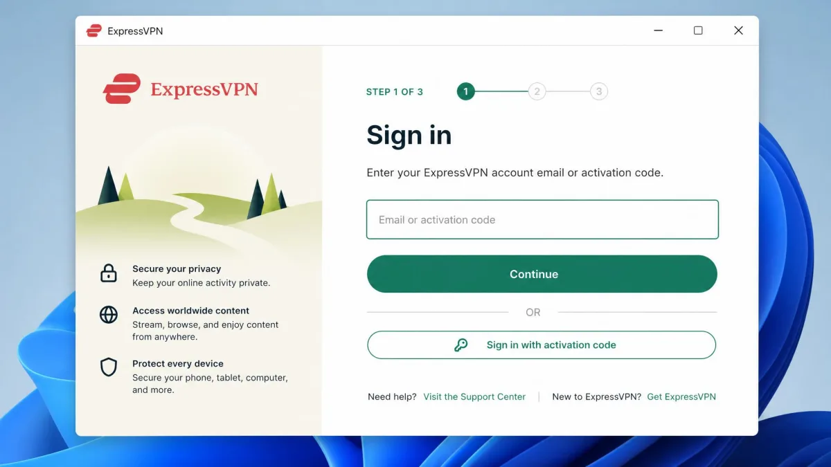 ExpressVPN desktop sign-in screen prompting for an account email or activation code during the three-step installation flow.