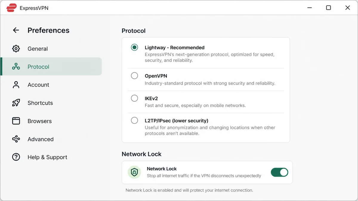 ExpressVPN protocol settings screen with Lightway selected and Network Lock kill switch toggled on, shown in the desktop app preferences panel.