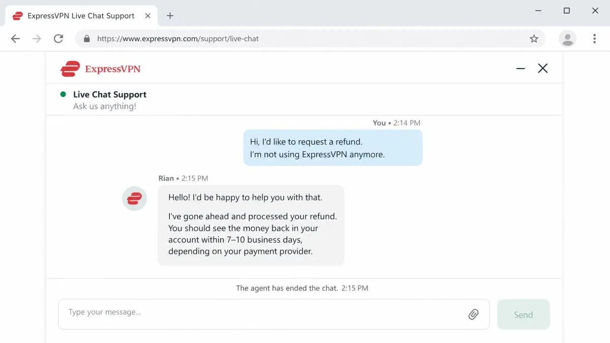 The ExpressVPN live chat support window open in a browser, showing a customer question about a refund and an agent reply within a minute.