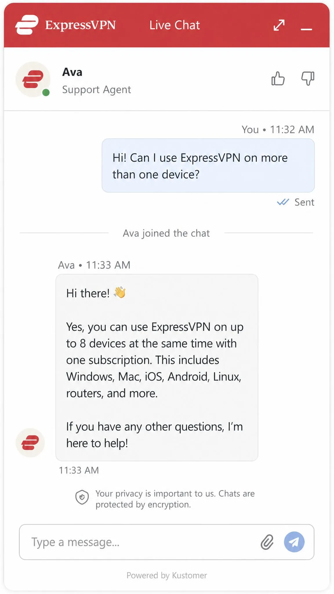 ExpressVPN 24/7 live chat window open with a support agent reply appearing within about a minute of the question being sent.