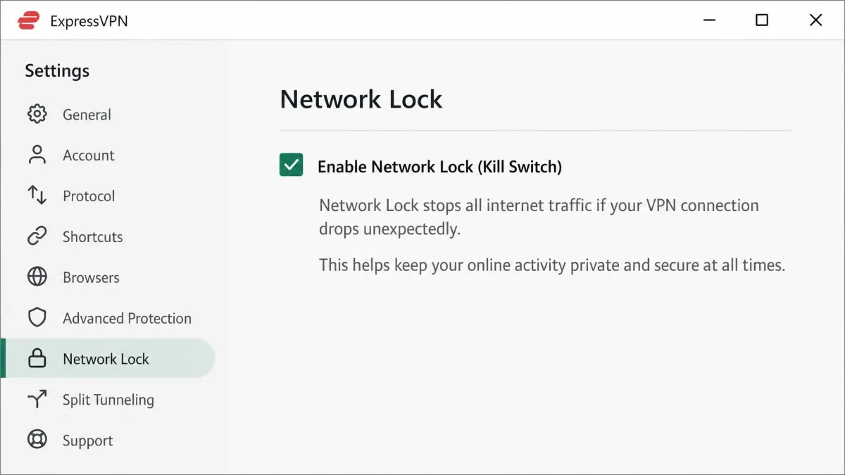 The ExpressVPN settings panel with the Network Lock kill switch checkbox ticked and its explanatory text about stopping all internet traffic if the connection drops.