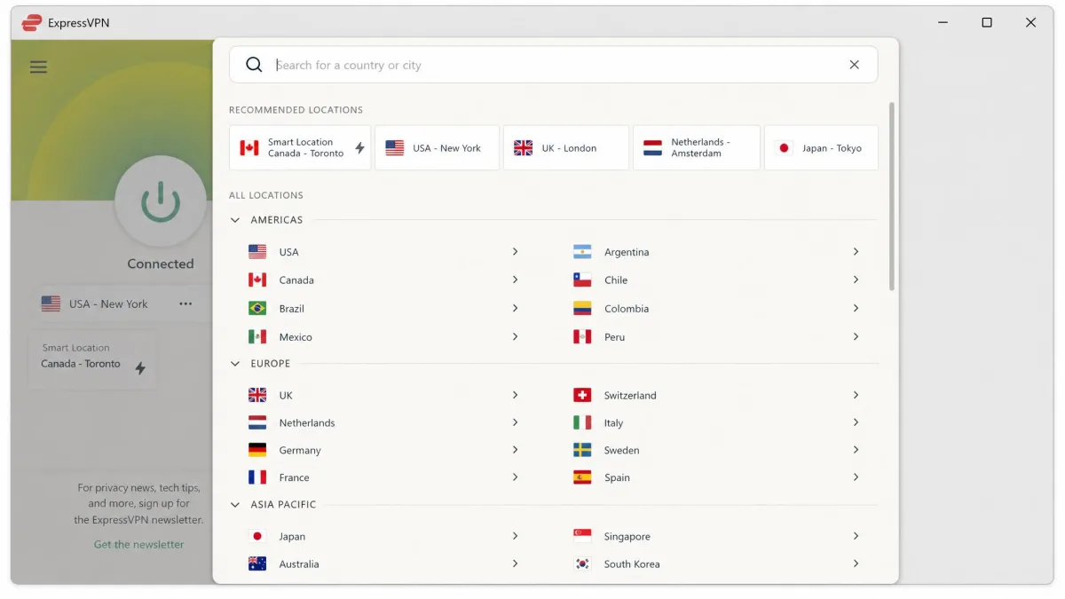 The ExpressVPN app location picker open on a search field, showing recommended locations at the top and an expanded list of country entries grouped by region.