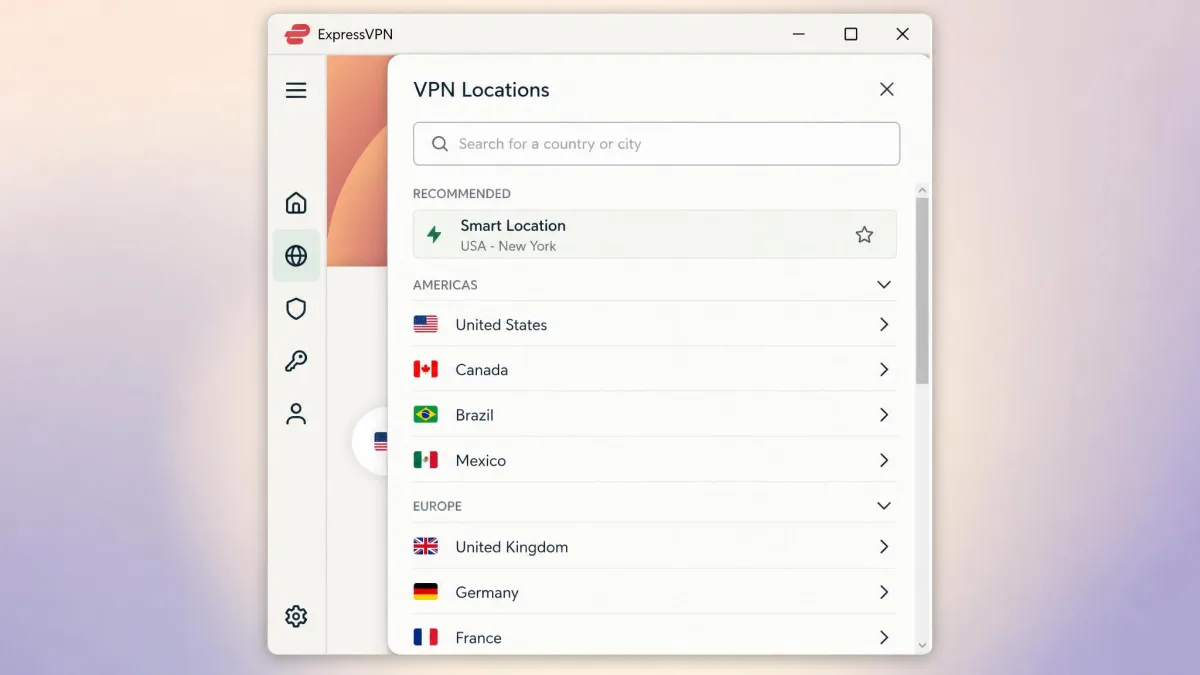 ExpressVPN location picker open with a search box, a recommended Smart Location at the top, and a scrollable list of countries grouped by region.