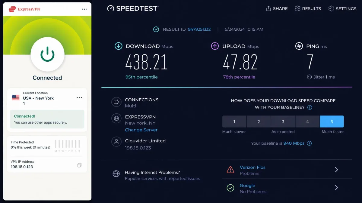 Speed test result screen with ExpressVPN connected to a nearby server showing a download speed above 400 Mbps against a gigabit baseline.