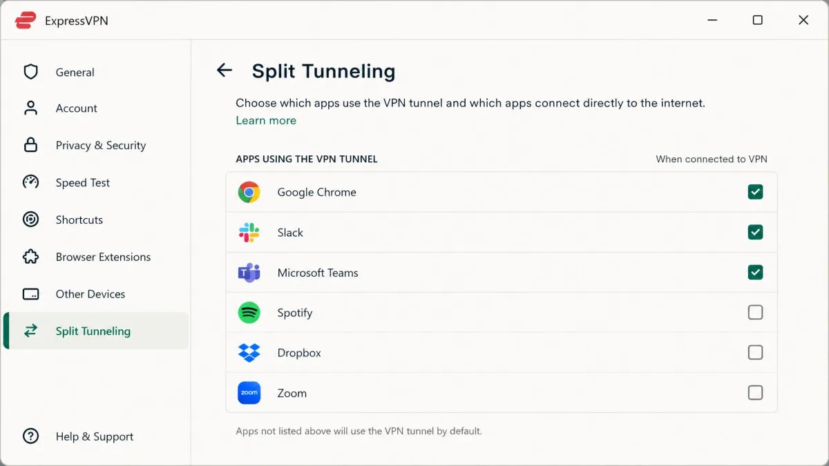 The ExpressVPN split tunnelling screen listing installed applications with checkboxes controlling which ones route through the VPN tunnel.