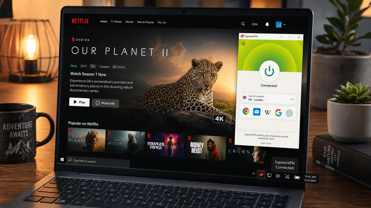 A laptop connected to ExpressVPN streaming a title in 4K on Netflix, with the ExpressVPN app icon visible in the system tray showing an active connection.