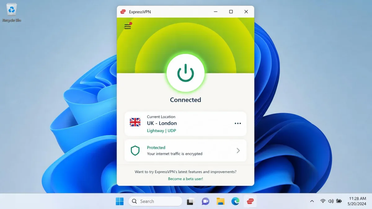The ExpressVPN Windows desktop app showing a connected session on a London server, with the large power button lit green and the Lightway protocol label visible under the location name.