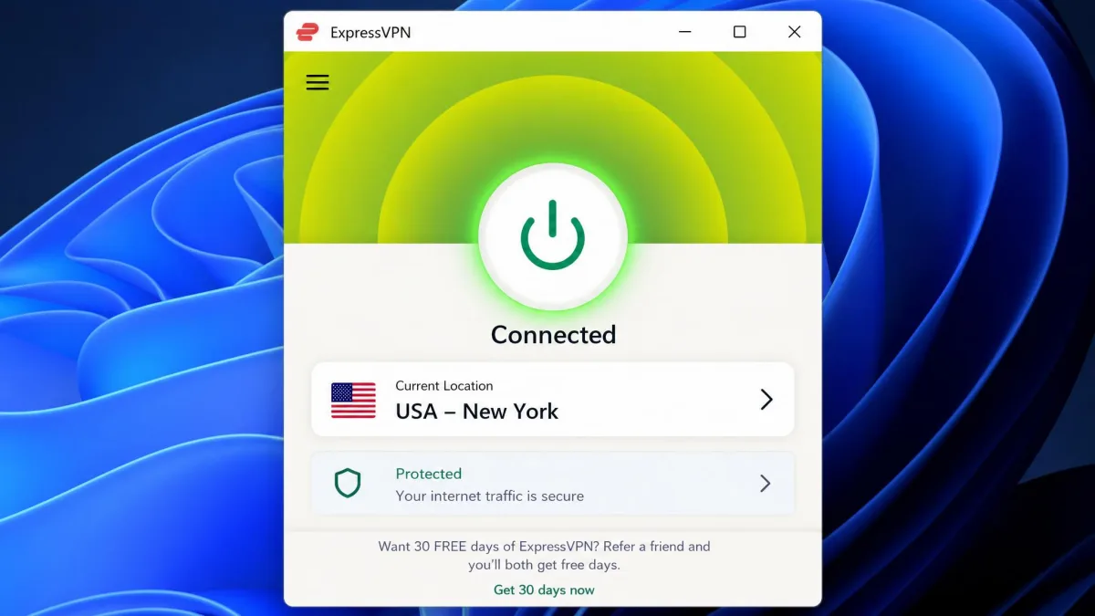 ExpressVPN Windows app showing a connected session to a US server with the large on/off button lit green and the selected location displayed beneath it.