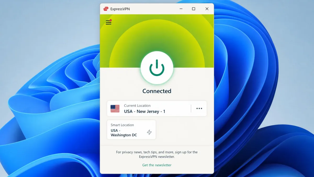 The ExpressVPN desktop app showing a Connected status on the USA - New Jersey - 1 server location, with the large power button lit green.