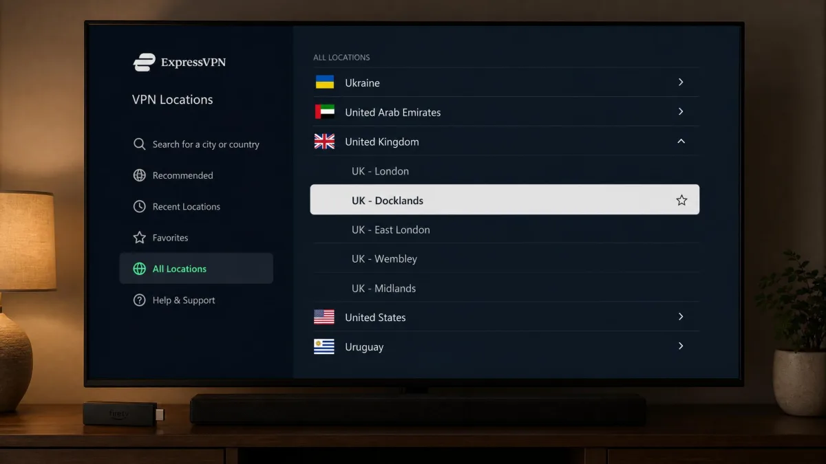 The ExpressVPN app on an Amazon Fire TV Stick home screen, showing the location list on a living room TV with the UK Docklands server highlighted.