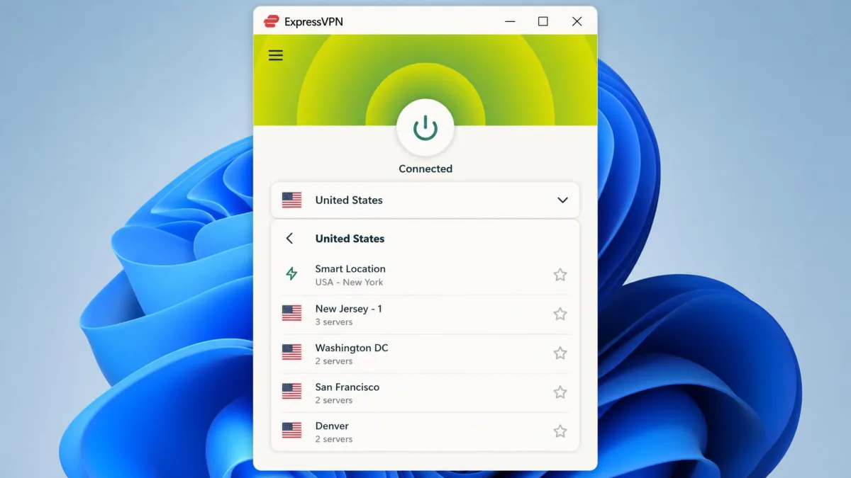 The ExpressVPN location picker expanded to the United States list, showing city servers including New Jersey - 1, Washington DC, San Francisco and Denver.