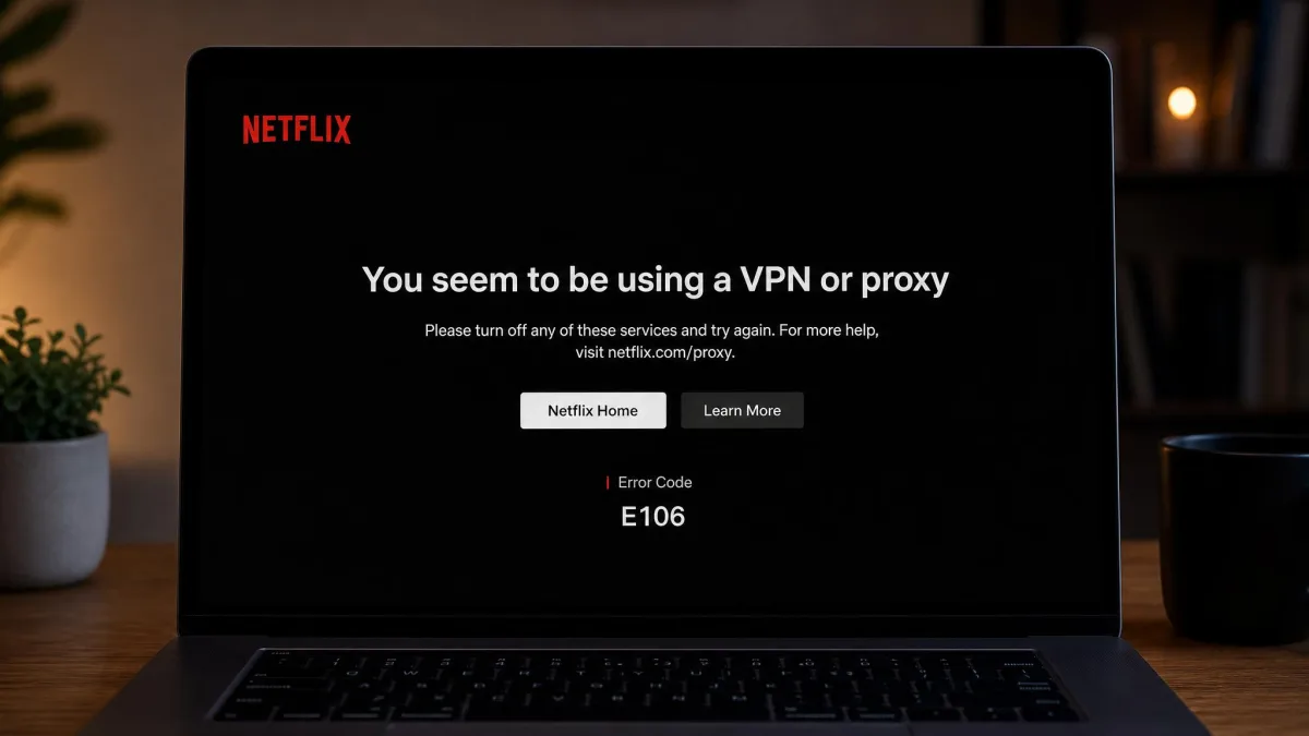 A Netflix error screen on a laptop reading "You seem to be using a VPN or proxy" with error code E106 shown below the message.