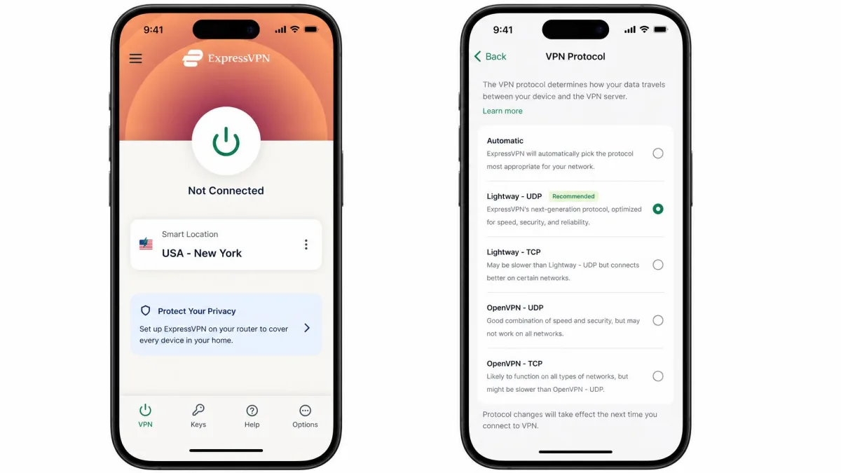 ExpressVPN's iPhone app showing the large connect button, the Smart Location server card and the Lightway protocol selected in settings.
