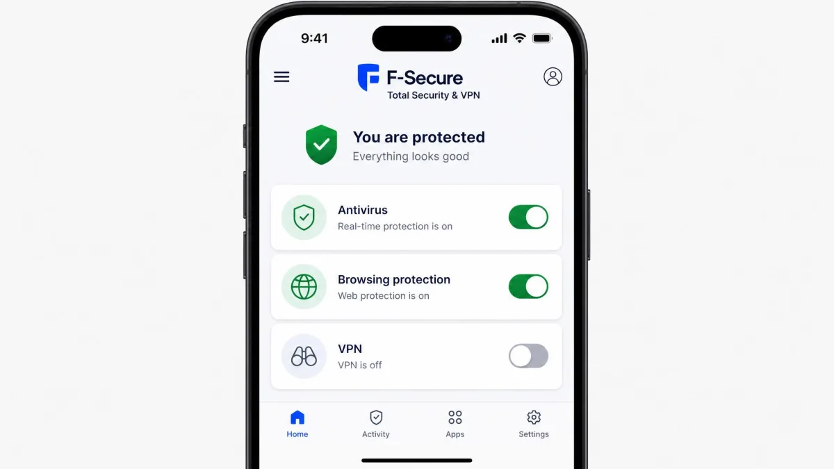The F-Secure: Total Security & VPN app on an iPhone with the VPN toggle switched off while antivirus and browsing protection remain enabled.