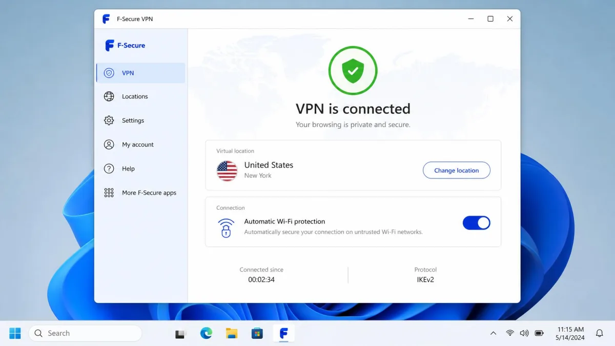 The F-Secure VPN app on Windows 11 showing a connected state with a virtual location selected and the automatic Wi-Fi protection setting switched on below the connect toggle.