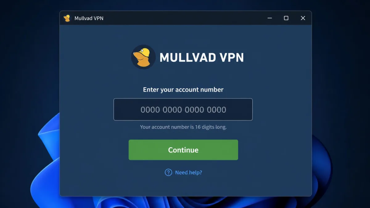 The Mullvad VPN desktop app login screen asking only for a 16-digit account number, with no email or password field.