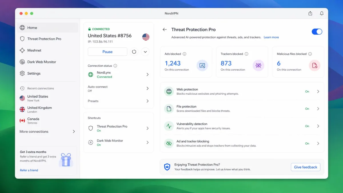 NordVPN's macOS app with the Threat Protection Pro panel open, showing blocked ads and trackers counts beside the NordLynx connection status.