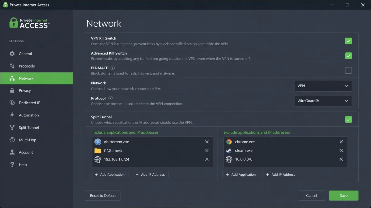 Private Internet Access settings on Windows with the Advanced Kill Switch enabled, split tunneling rules listed and the WireGuard protocol selected.