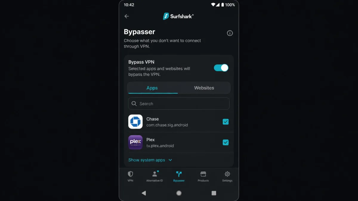 Surfshark's Android app with the Bypasser split tunneling screen open, showing a banking app and a local streaming site set to bypass the VPN.