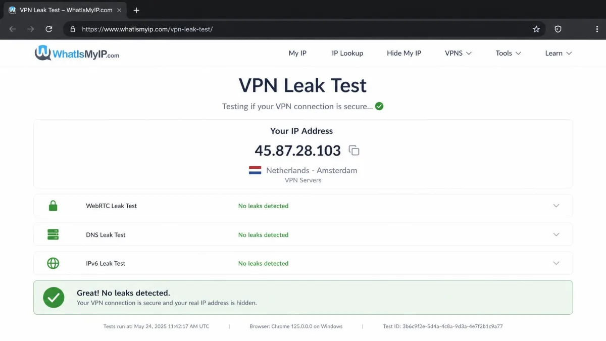 A browser leak-test page showing the VPN server's IP address and no WebRTC or DNS leaks while connected to a European VPN location.