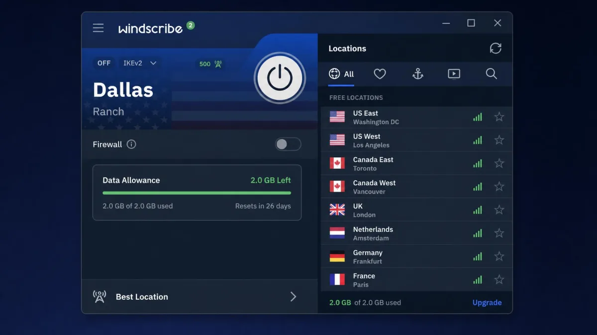 Windscribe's desktop app on the free plan showing the remaining monthly data allowance counter and the list of free server locations.