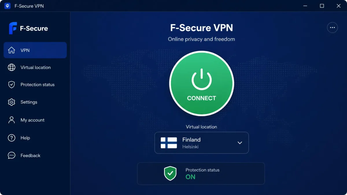 F-Secure VPN desktop app showing the large one-tap connect button in the center, the selected virtual location below it, and the protection status set to on.