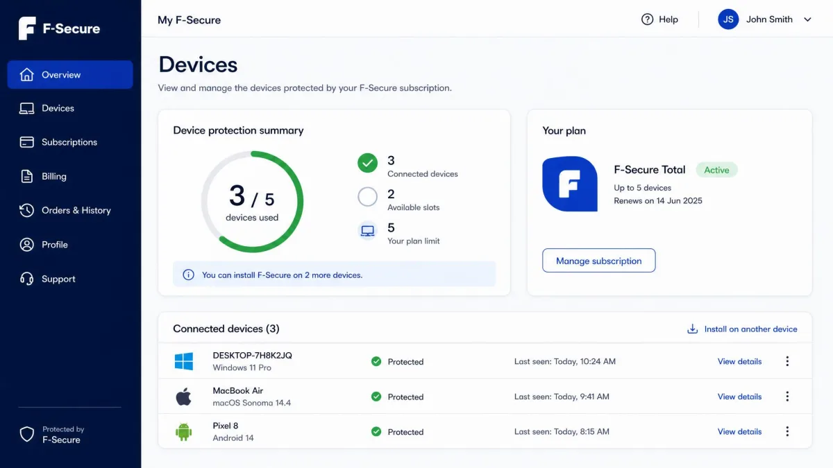 F-Secure account dashboard showing connected devices across Windows, Mac, and Android against the plan device limit.