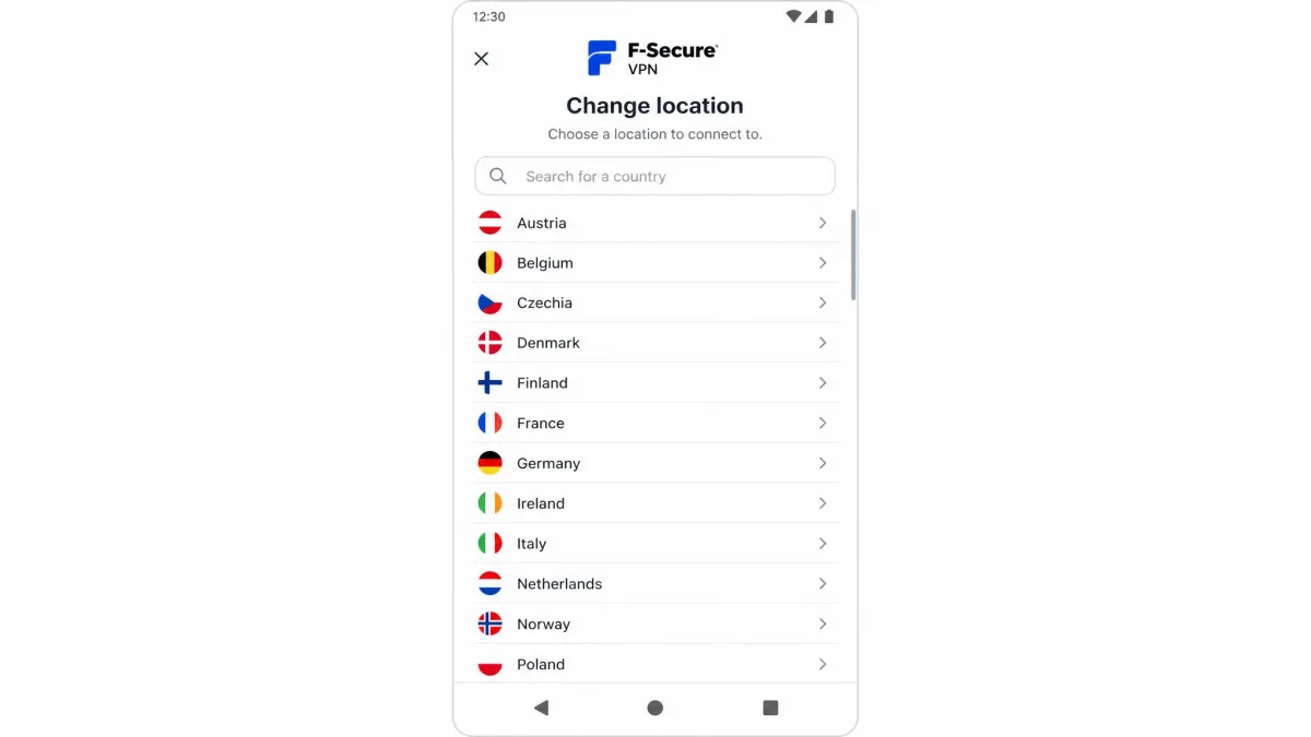 F-Secure VPN Android app showing the location picker with a short scrollable list of European countries and a search box at the top.