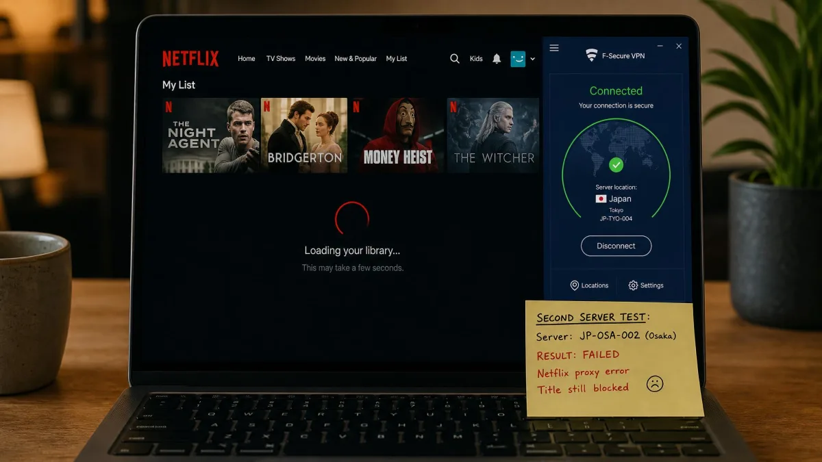 Laptop screen showing a Netflix library loading over an F-Secure VPN connection on one server, with an on-screen note that a second server failed to unblock the same title.
