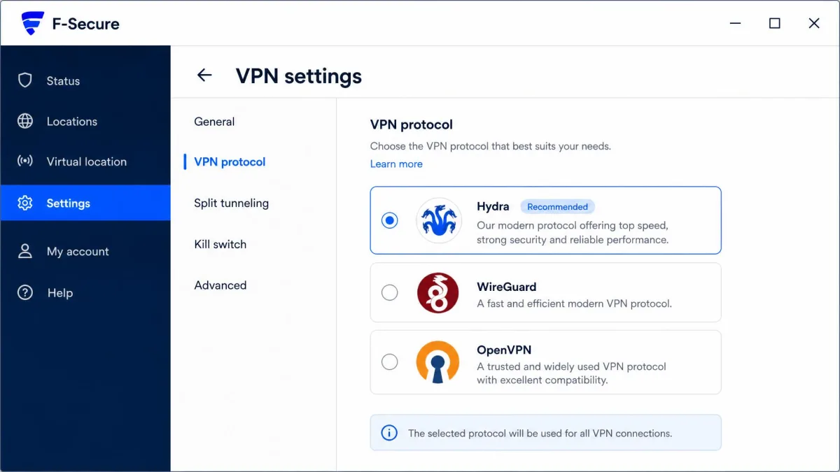 F-Secure VPN settings panel showing the VPN protocol options with Hydra selected and WireGuard and OpenVPN listed as alternatives.