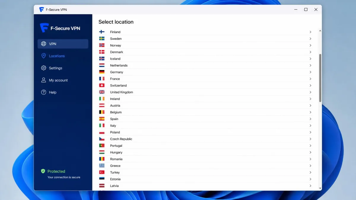 F-Secure VPN full location list on desktop showing around two dozen countries, most of them in Europe, in a single short scrolling column.