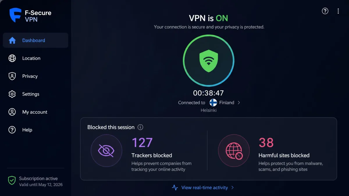 F-Secure VPN app screen showing a running tally of blocked trackers and harmful sites over a browsing session.