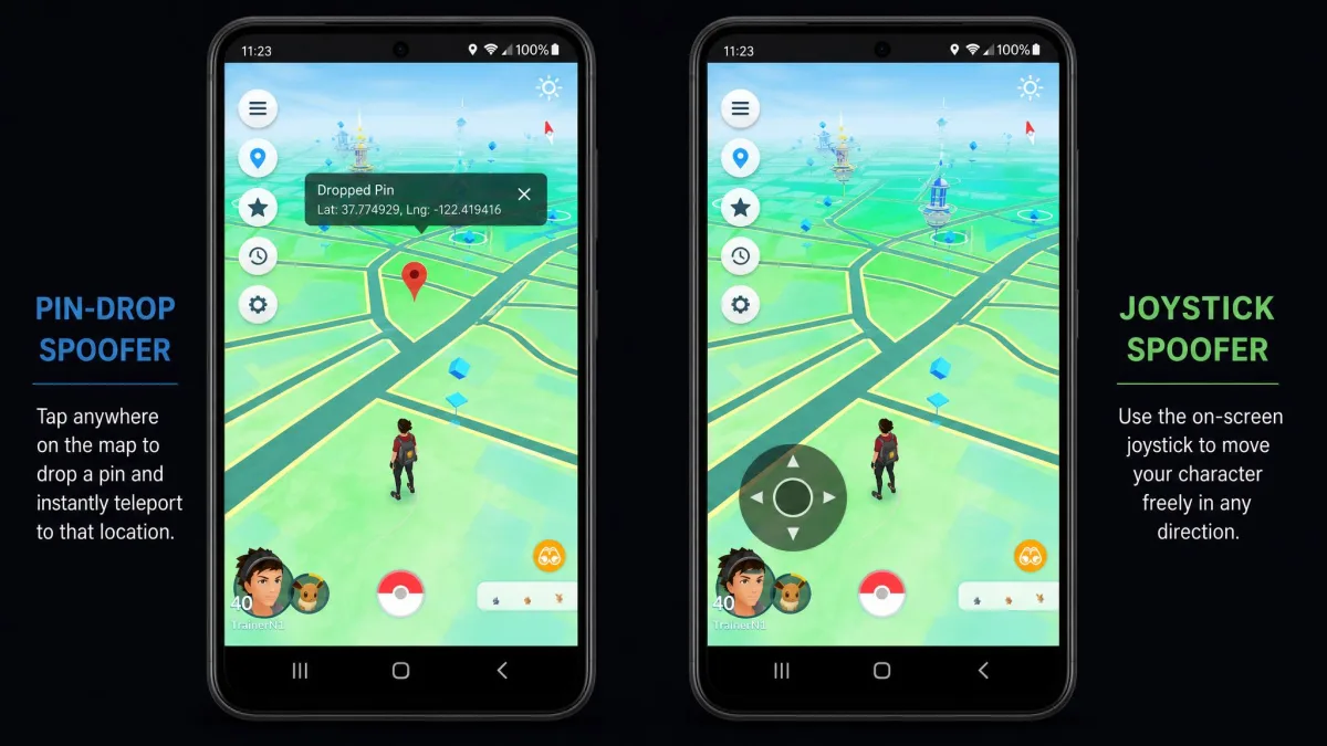 Two Android phones side by side, one running a simple pin-drop spoofer and the other running a joystick spoofer, showing the difference in on-screen controls.