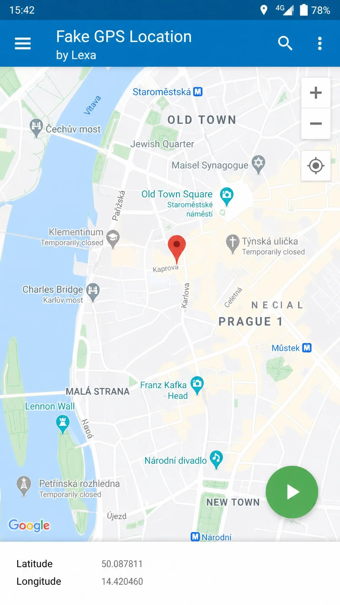 The Fake GPS Location by Lexa map screen with a pin dropped on a European city centre and the green play button ready to start mocking the position.
