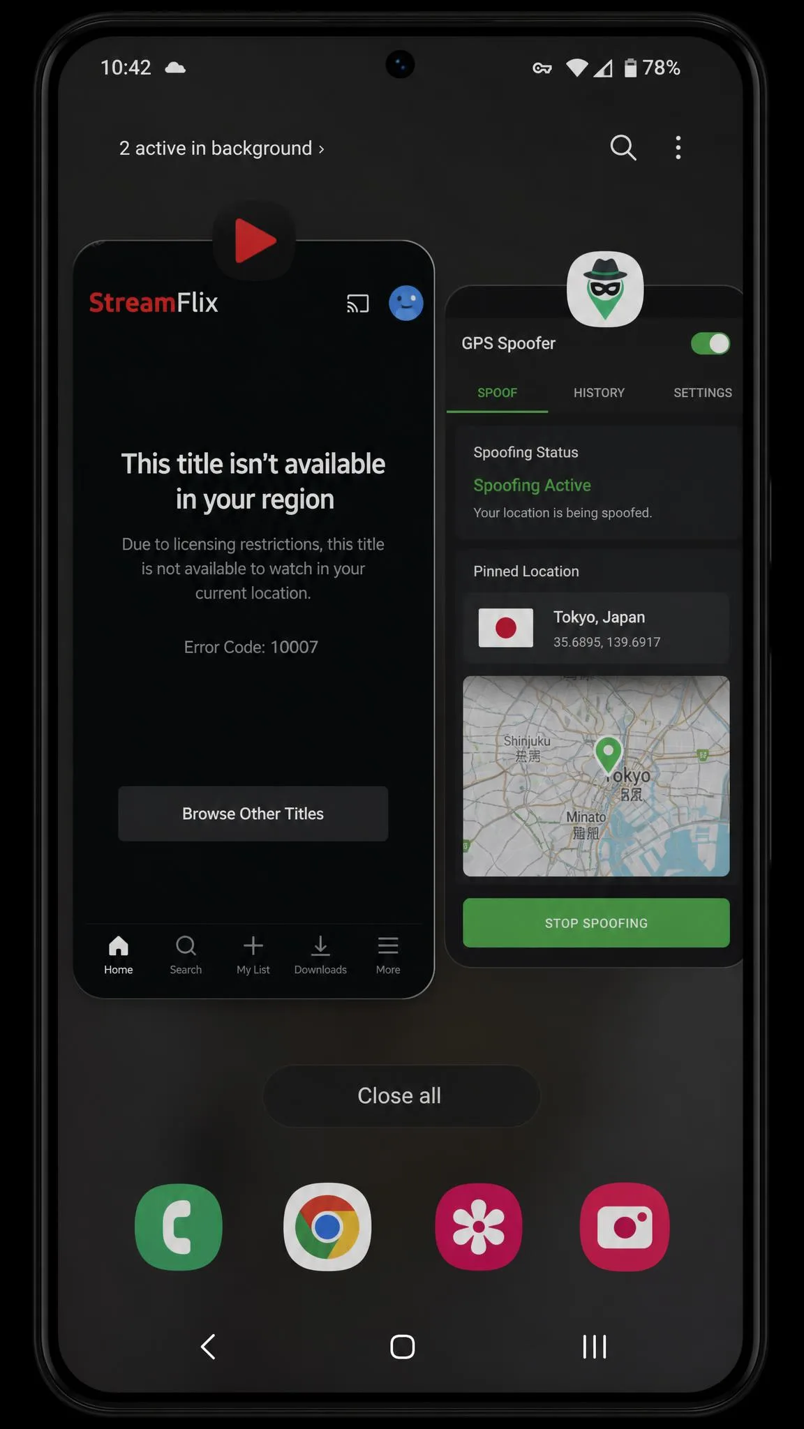 A streaming app on an Android phone showing a region-locked catalogue message beside a spoofing app running in the background with a pin set in another country.